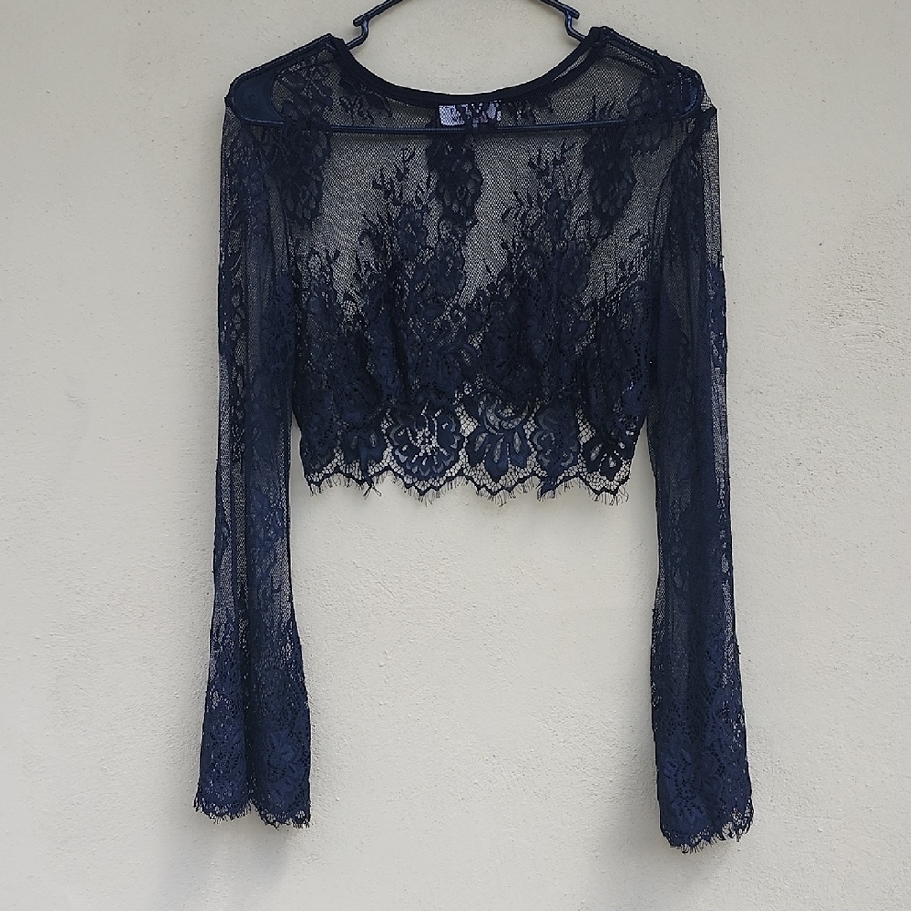 Black Lace Sheer Long-Sleeve Cropped Blouse - Elegant Evening Top